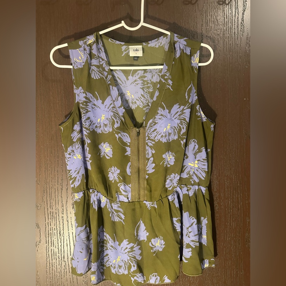 CAbi Olive and Lavender Floral Zip shirt